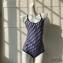 Dior Crisscross Swimsuit Women Oblique with Bee CD Embroidery Cotton Navy Blue - Dior Bag Outlet Official