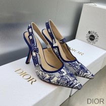 J'Adior Slingback Pumps Women Toile de Jouy Voyage Motif Cotton Blue - Dior Bag Outlet Official