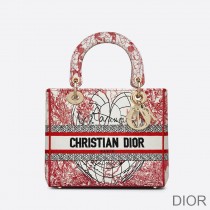 Medium Lady D-lite Bag Dioramour D-Royaume d'Amour Motif Canvas Red/White - Dior Bag Outlet Official