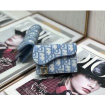 Dior Saddle Flap Card Holder Light Blue Dior Oblique Jacquard